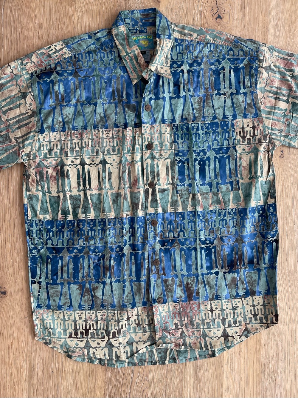 Mutiara Art Bali Mens Large Cotton Batik Short Sleeve Button Up Shirt Blue Green